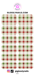 Plaid pattern nail art design with Glossy Nails branding on a white background