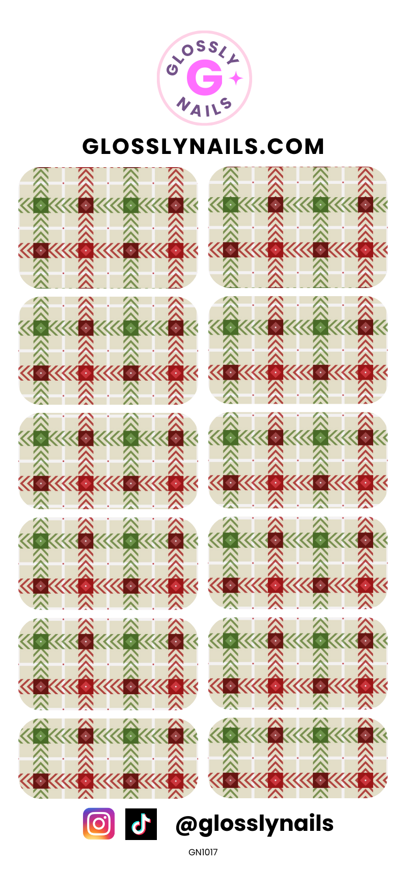Plaid pattern nail art design with Glossy Nails branding on a white background