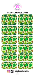 Set of St Patricks Day nail art stickers with green shamrock and pot designs on a white background, branded 'GlossyNails'.