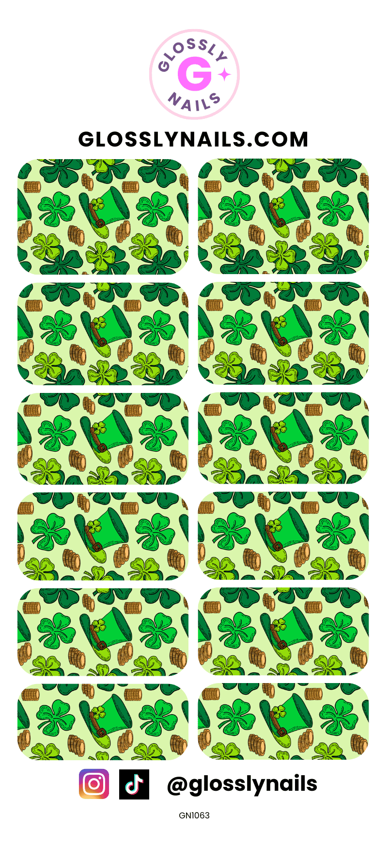 Set of St Patricks Day nail art stickers with green shamrock and pot designs on a white background, branded 'GlossyNails'.