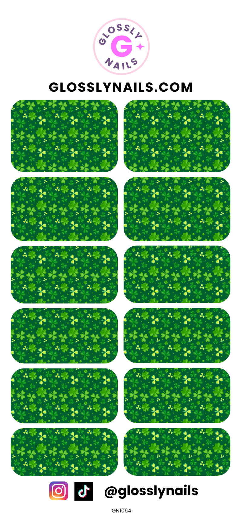 St Patricks Day green nail decals with tiny shamrock pattern on a white background, featuring Glossy Nails branding.