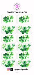 Green shamrock nail art waterslide decals with Glossy Nails branding.
