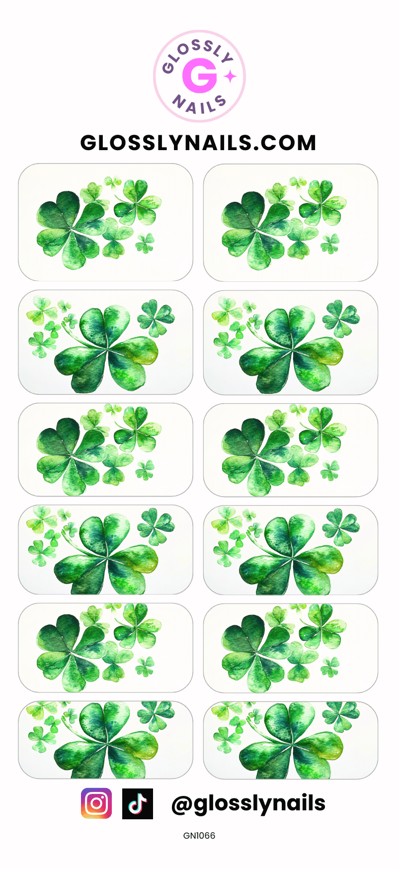 Green shamrock nail art waterslide decals with Glossy Nails branding.