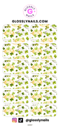 Nail art waterslide decals with shamrock and clover design on a white background, branded 'Glossy Nails'.