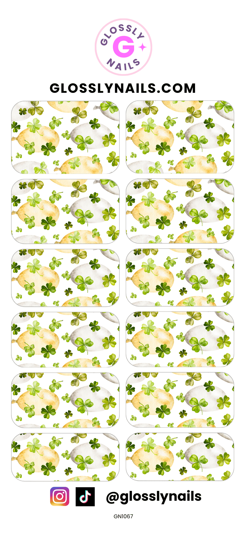 Nail art waterslide decals with shamrock and clover design on a white background, branded 'Glossy Nails'.