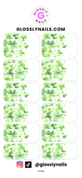 Four leaf clover nail art waterslide decals with 'GlossyNails' branding on a white background.