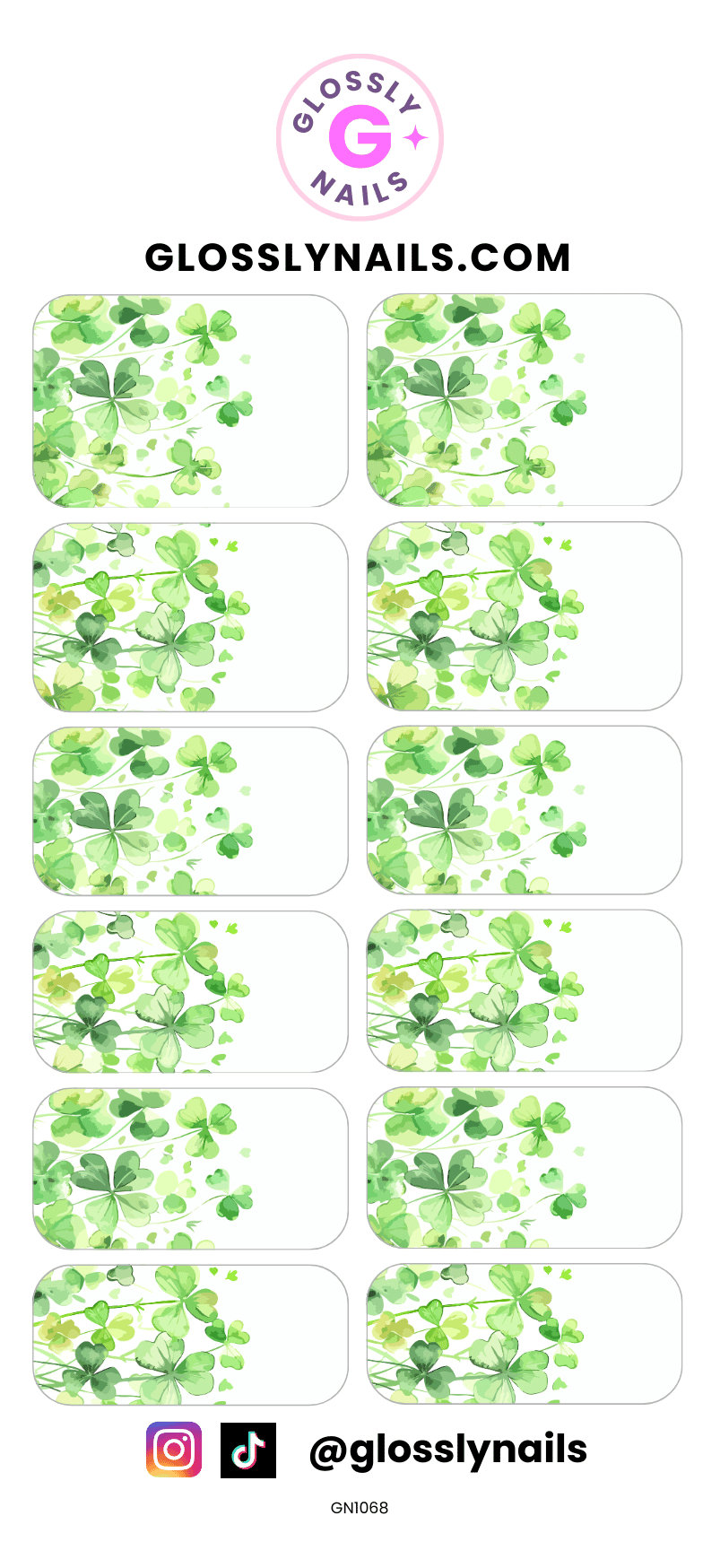 Four leaf clover nail art waterslide decals with 'GlossyNails' branding on a white background.
