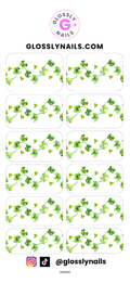 St Patricks Day Waterslide Nail Art Decals with green clover leaf pattern on a white background, branded 'Glossy Nails'.