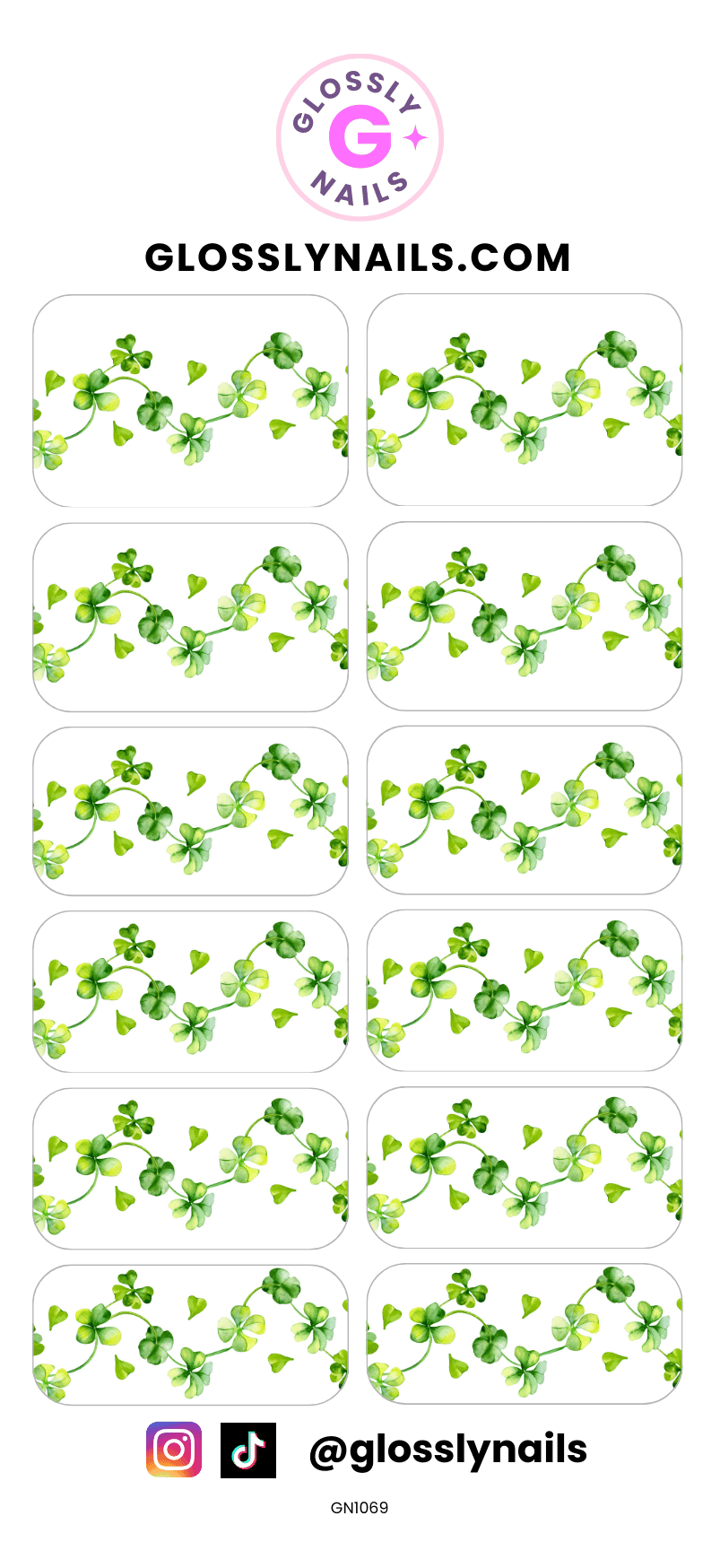 St Patricks Day Waterslide Nail Art Decals with green clover leaf pattern on a white background, branded 'Glossy Nails'.