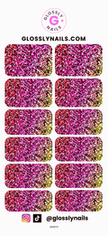 Collection of colorful glitter nail art waterslide  decals with Glossy Nails branding.