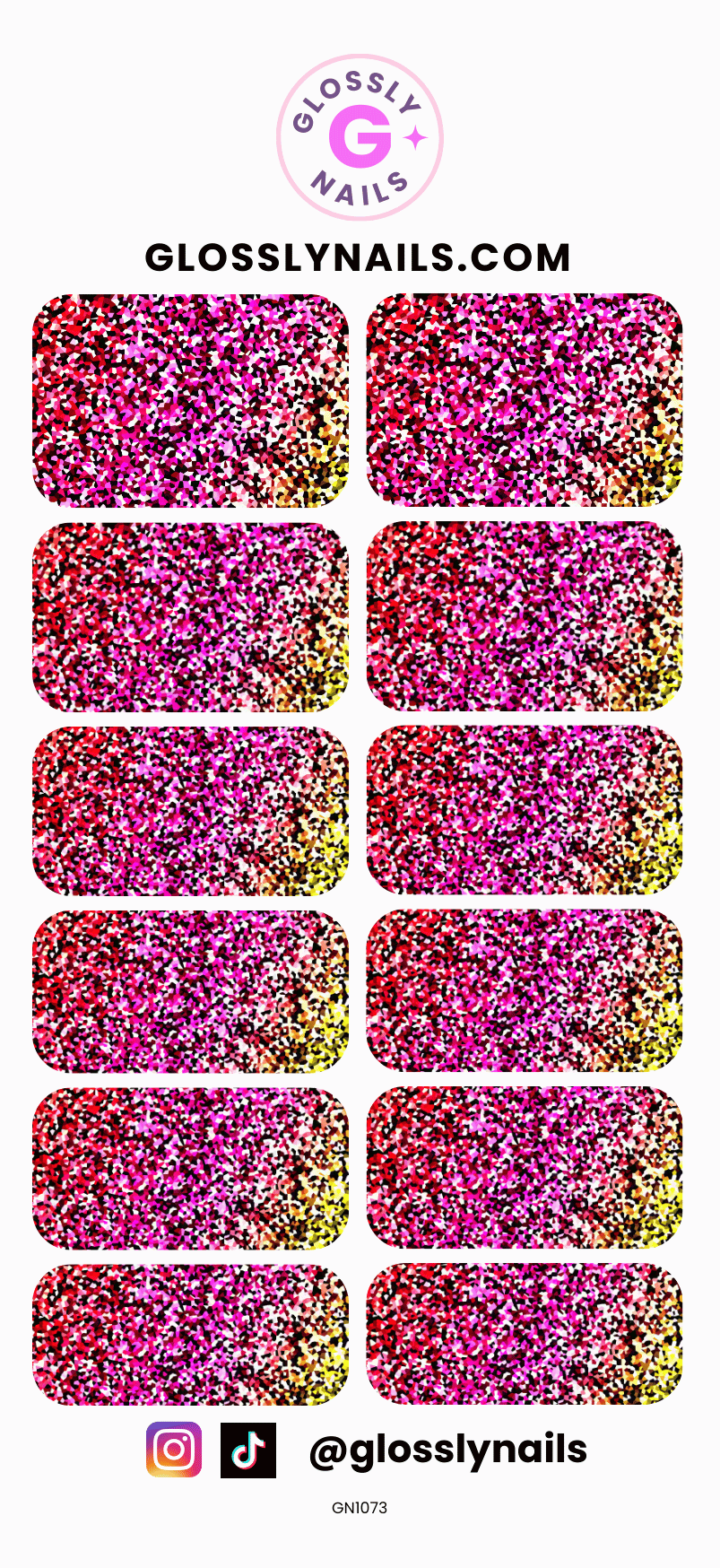Collection of colorful glitter nail art waterslide  decals with Glossy Nails branding.
