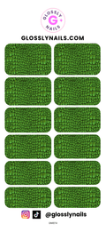 Set of green crocodile texture nail art waterslide  decals with GlossyNails branding on a white background.