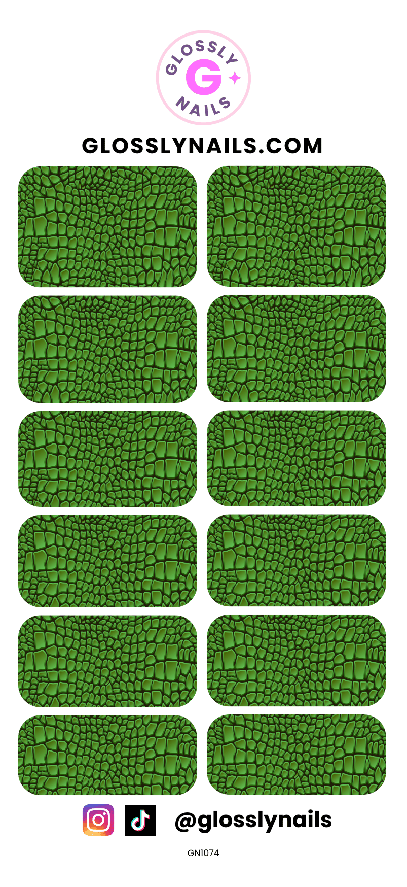 Set of green crocodile texture nail art waterslide  decals with GlossyNails branding on a white background.