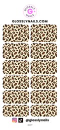 Nail art waterslide decals with leopard print design on a white background, branded 'Glossy Nails'.