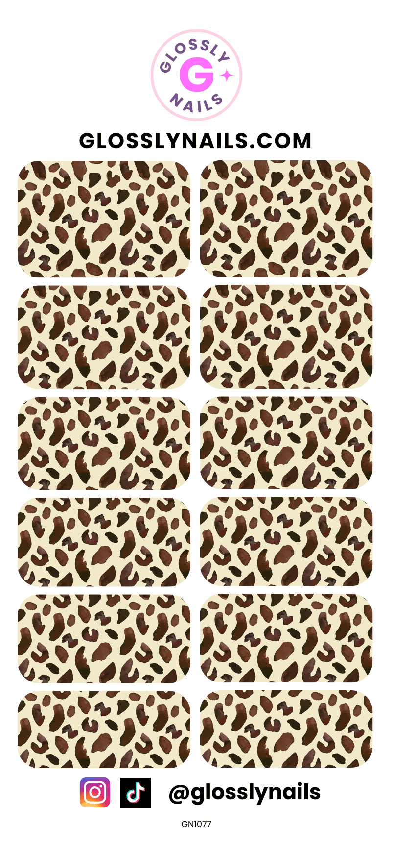 Nail art waterslide decals with leopard print design on a white background, branded 'Glossy Nails'.