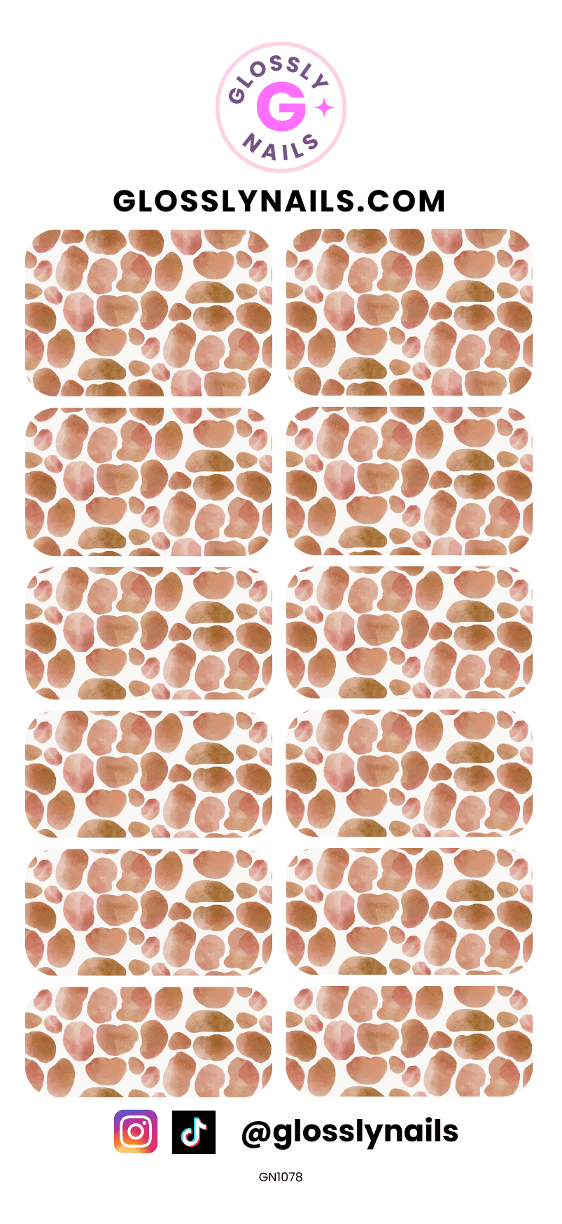 Nail art decal sheet with pebble pattern and Glossy Nails branding.