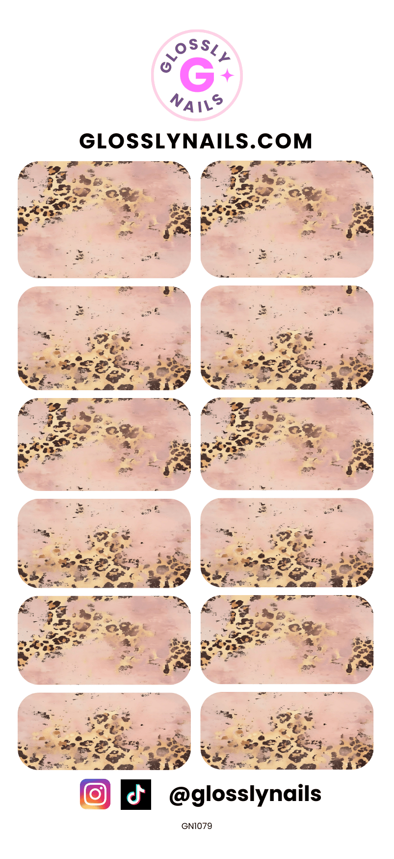 Leopard print nail wraps on a pink background with Glossy Nails branding.