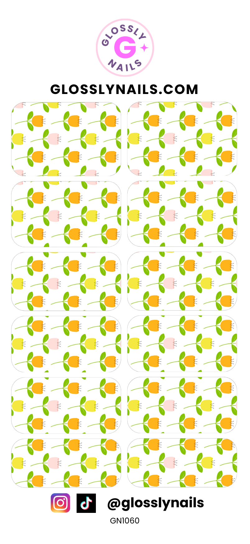 Spring waterslide nail decals with styled orange, pink and yellow tulip floral design on a white background, featuring the brand 'Glossy Nails'.